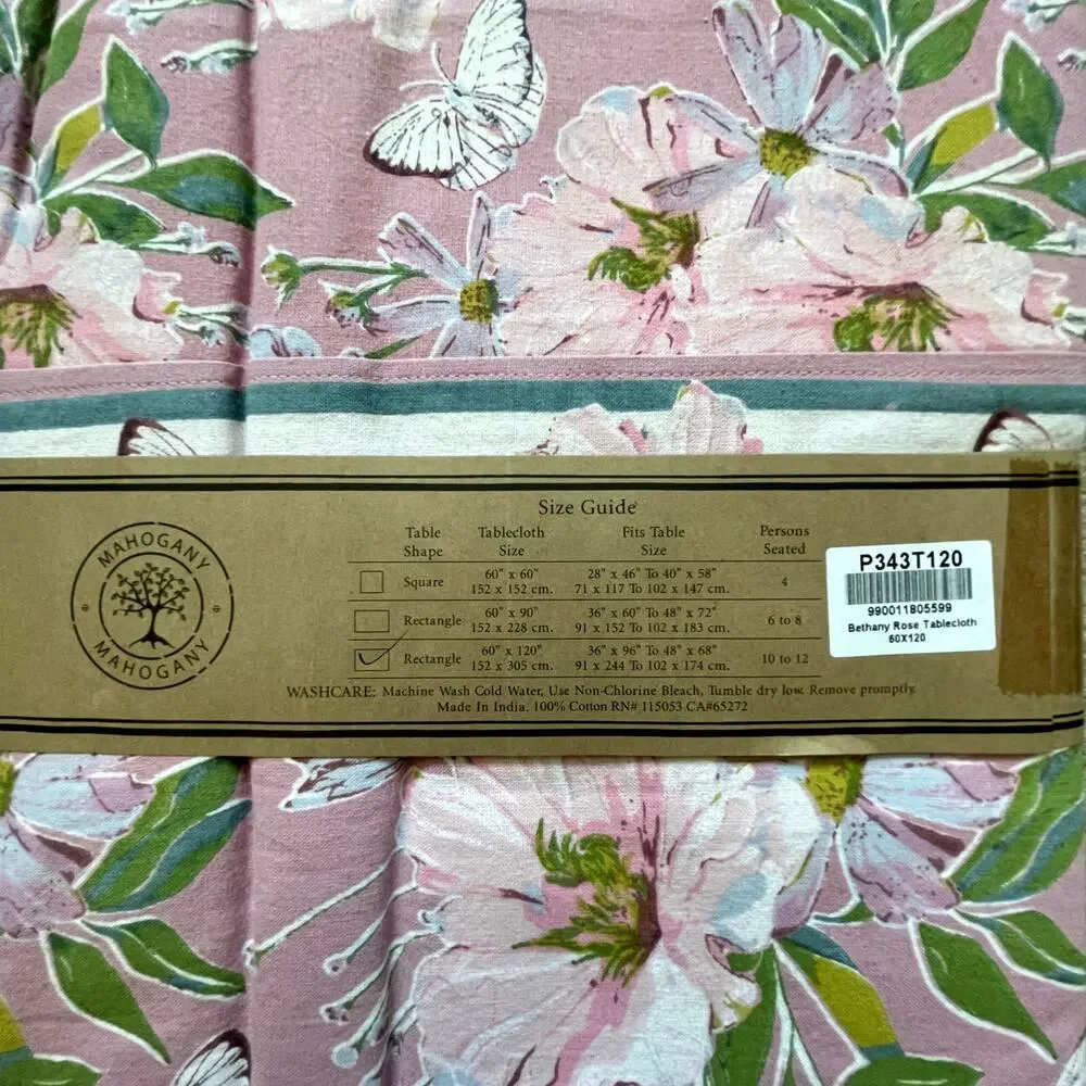 MAHOGANY Cotton Tablecloth 60x120 Pink Floral Butterflies NEW